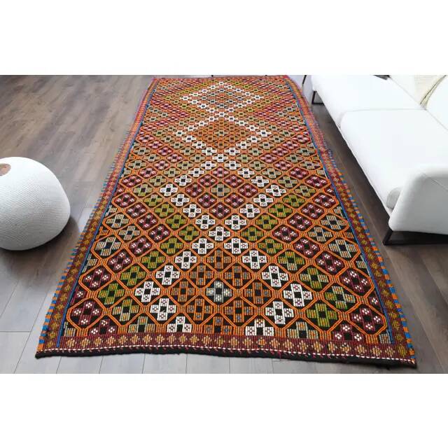 1970s Vintage Turkish Oushak Handmade Wool Cotton Orange Area Rug 179x353