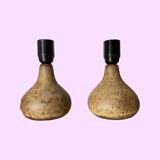 Set of 2 handmade vintage table lamps from denmark | brown dotted colored scandinavian ceramic lamps