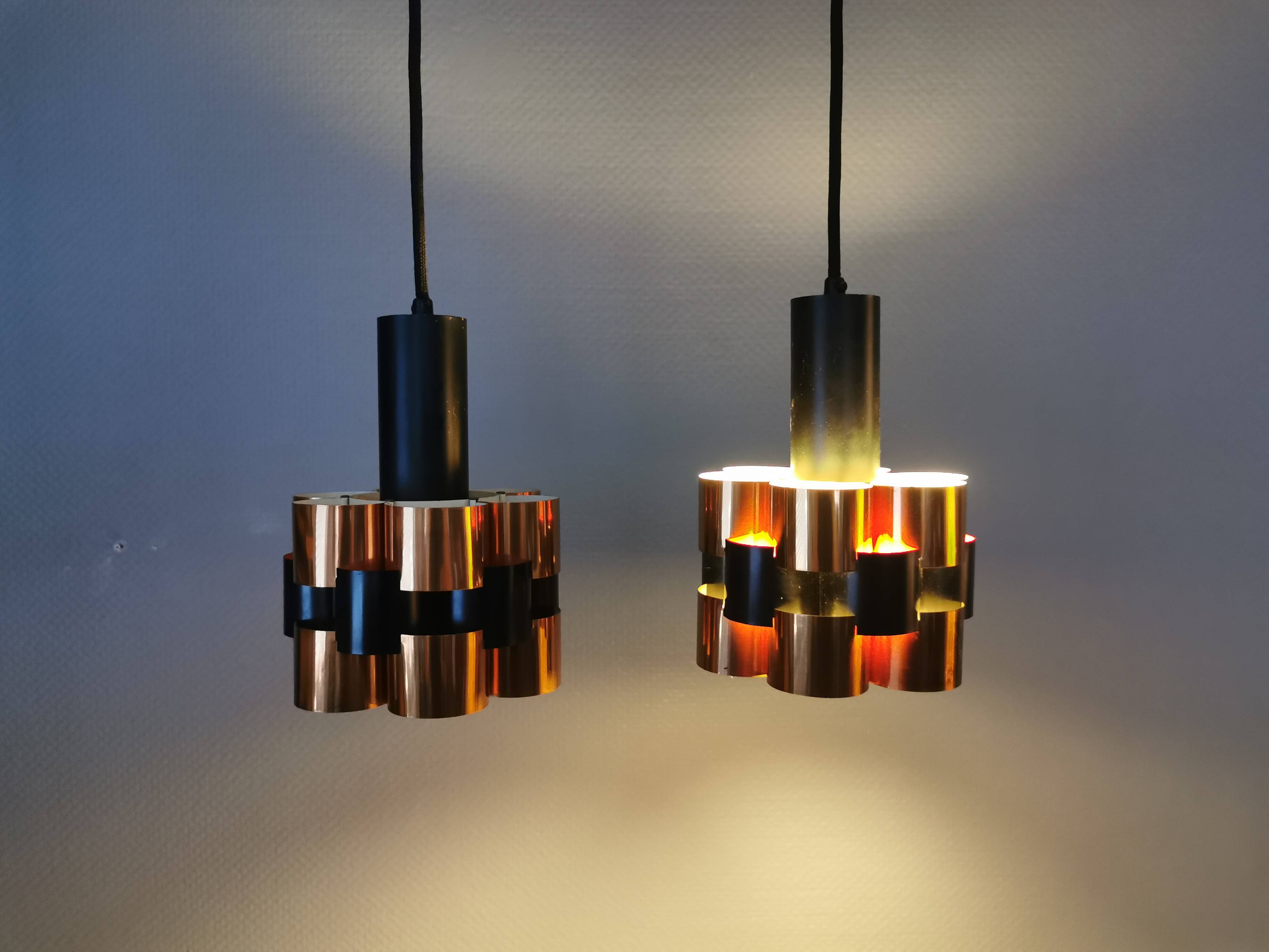 2 suspensions en métal noir et cuivre par Werner Schou pour Coronell Elektro, années 1960-1970