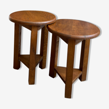 2 Vintage Tripod Oak Stools 50s