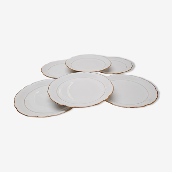 Set 6 assiettes plates porcelaine blanc et or