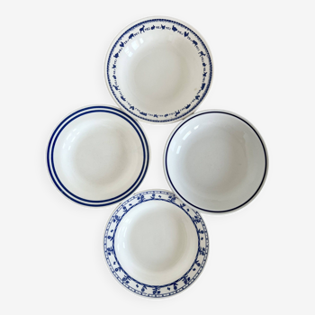 4 assiettes creuses vintage dépareillées porcelaine bleue blanche lot P