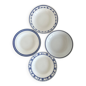 4 assiettes creuses vintage dépareillées porcelaine bleue blanche lot P