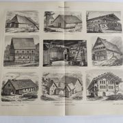 Gravure ancienne - Ferme et architecture traditionelle - Affiche originale de 1909