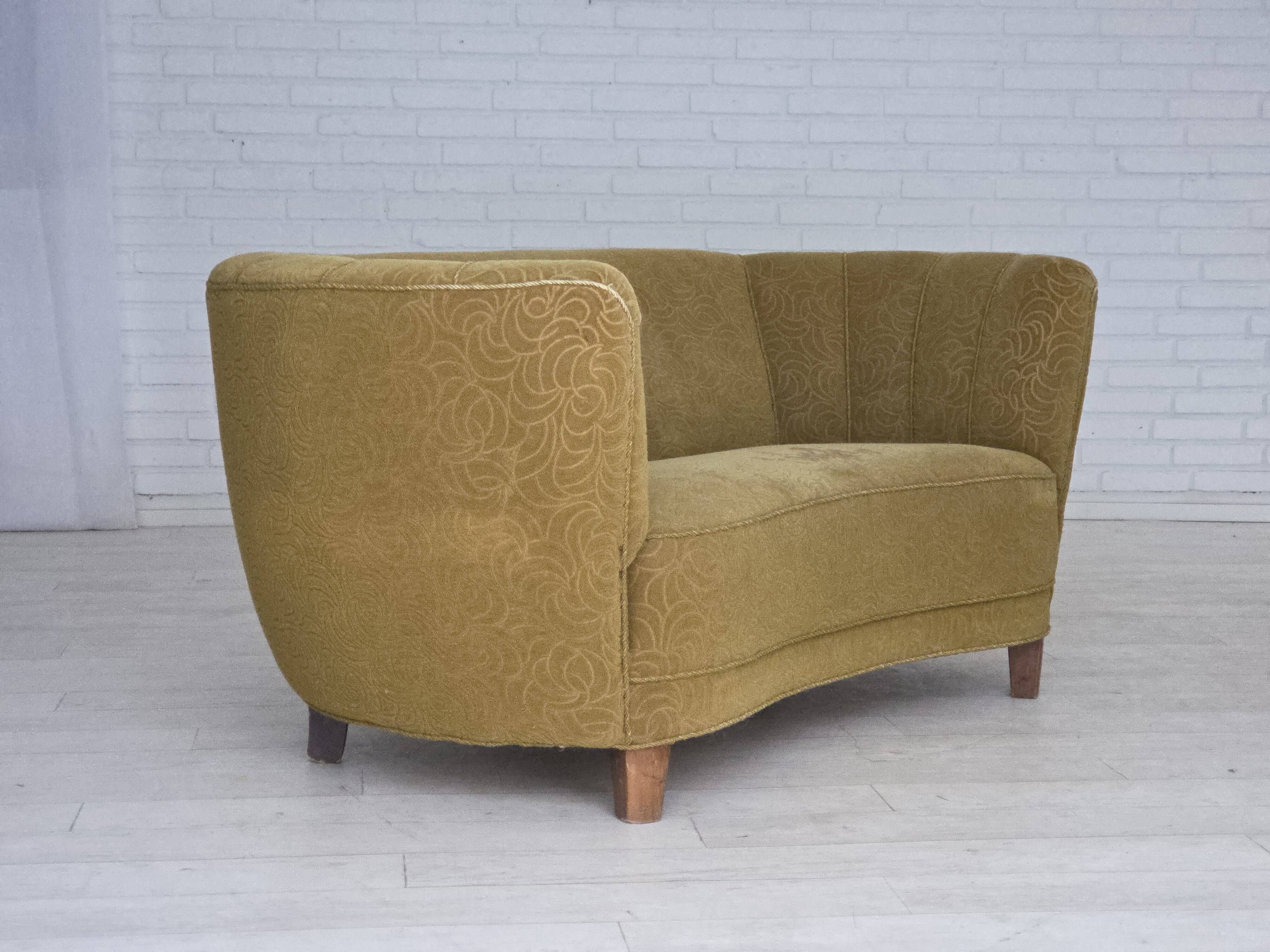 1960s, Danish 2-seater "Banana" sofa, furniture velour, beech wood.