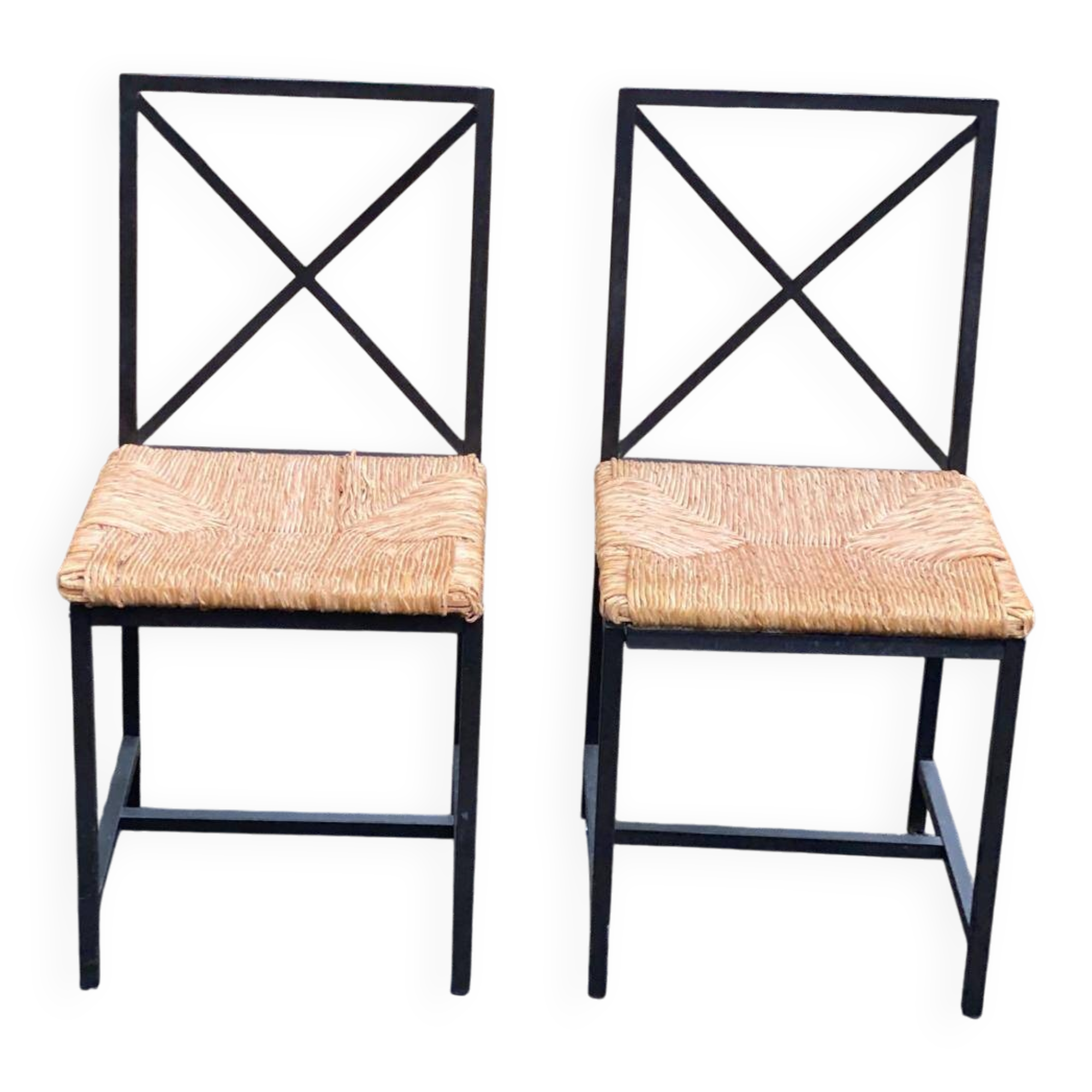2 Scandinavian chairs with black steel and straw from IKEA Granas.