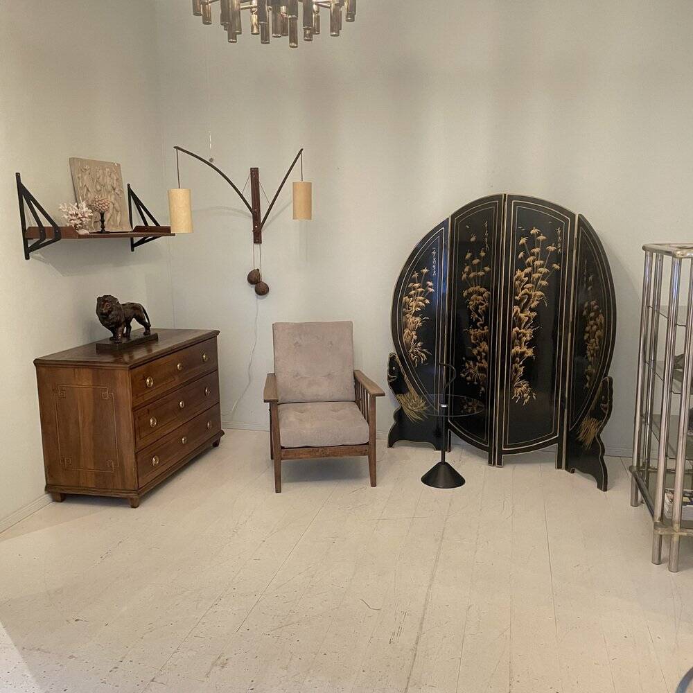 Chinoiserie and Black Lacquer Four-Panel Folding Screen Room Divider, 1930s