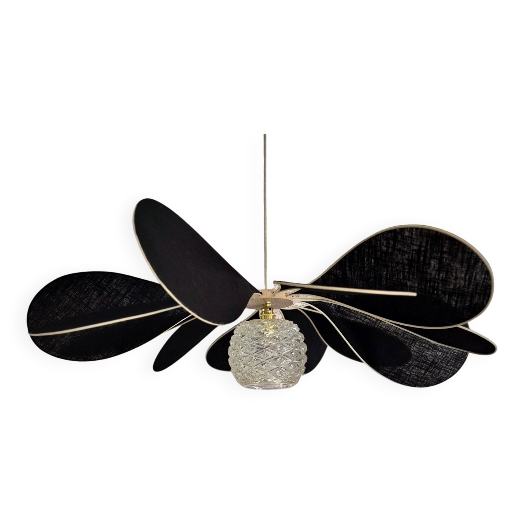 12-blade aerial suspension in rattan and black linen with vintage globe