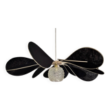 12-blade aerial suspension in rattan and black linen with vintage globe