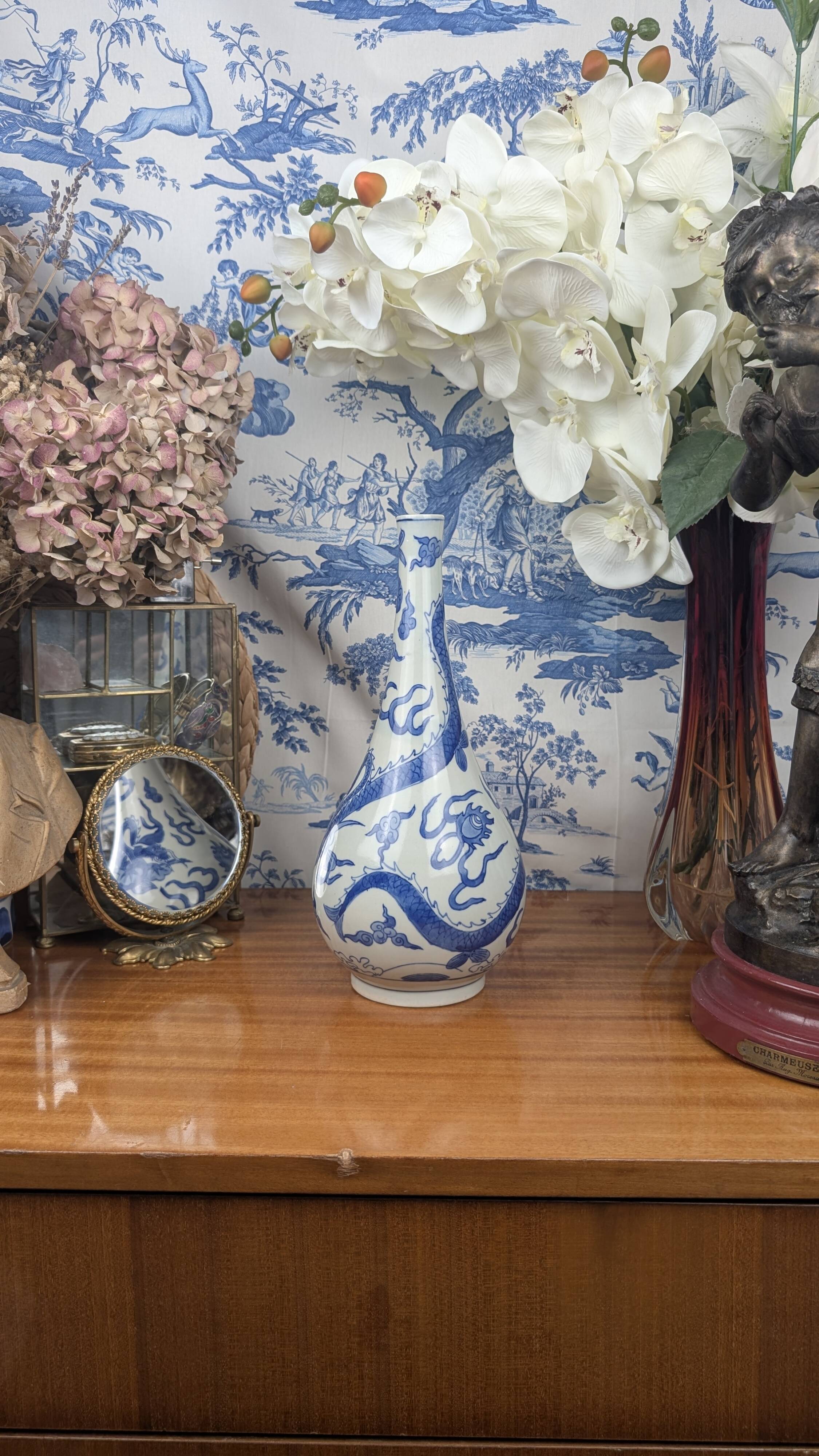 Blue hue piriform vase with dragon decor, vietnamese porcelain