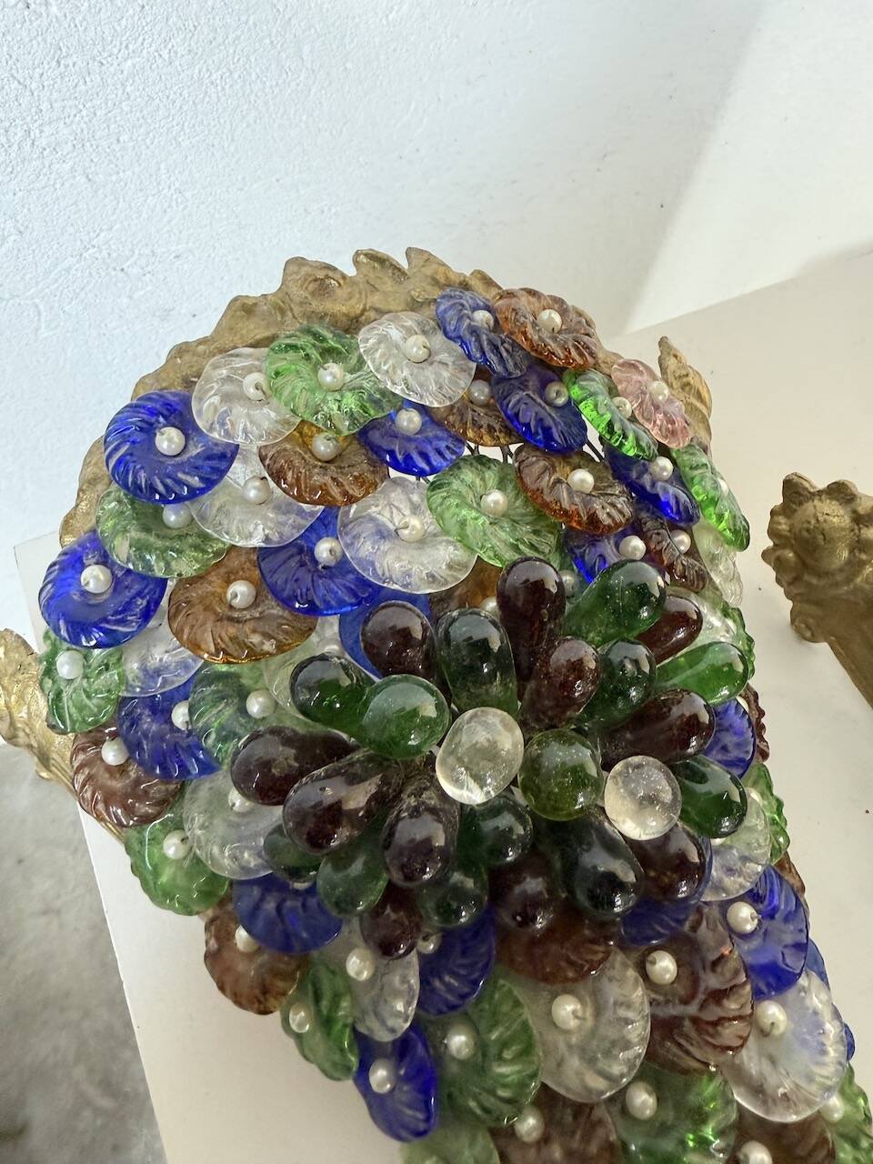 Pair of Art Nouveau bronze and Murano glass wall lights