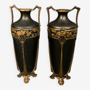 Pair of Art Nouveau bronze vases 1900 naturalist Noodles decor