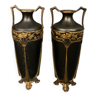 Pair of Art Nouveau bronze vases 1900 naturalist Noodles decor