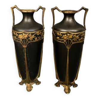 Paire de vases en bronze Art Nouveau 1900 décor Nouilles naturaliste