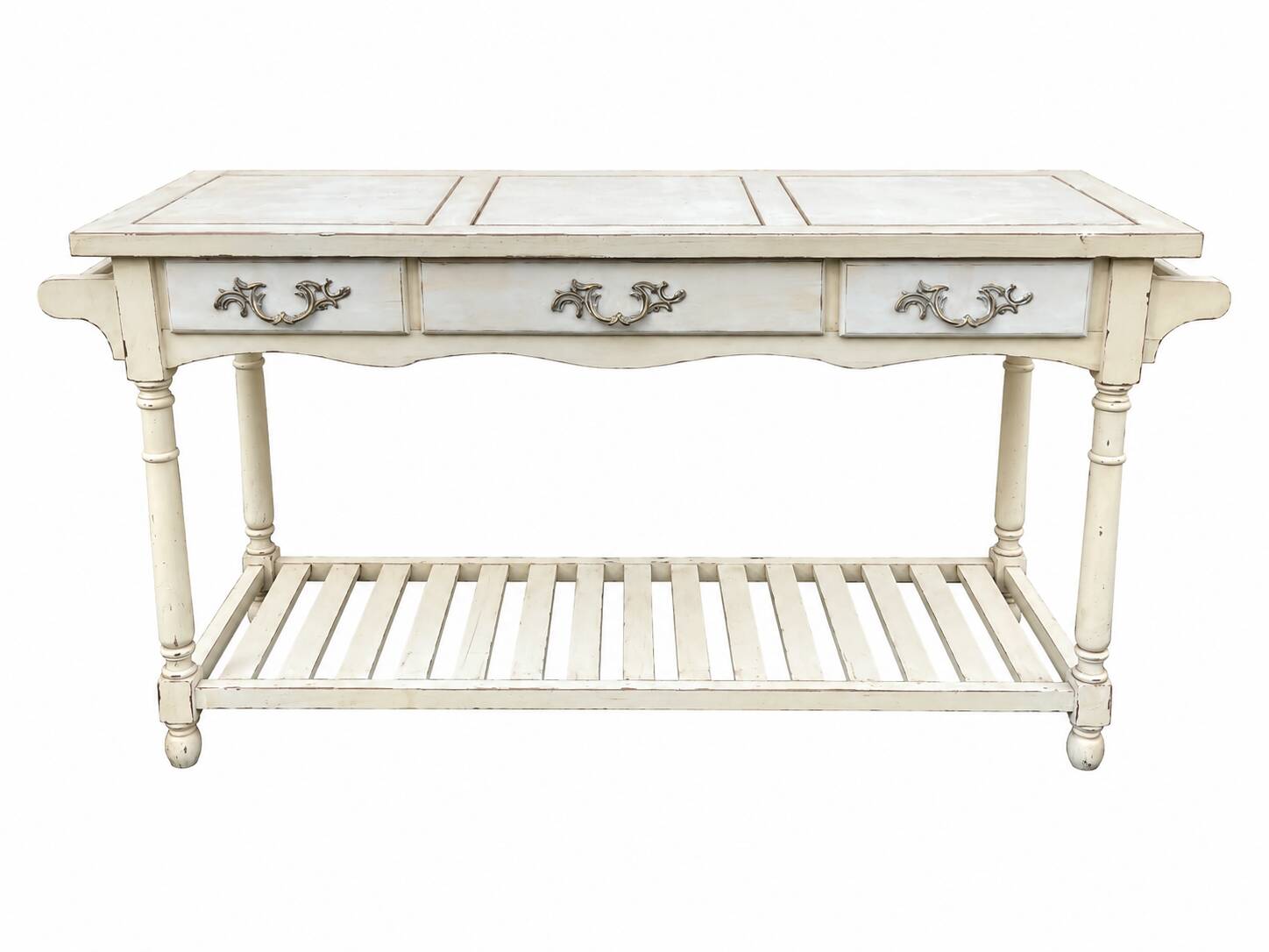 Console in painted wood, off-white patina, 3 drawers, lower shelf.
