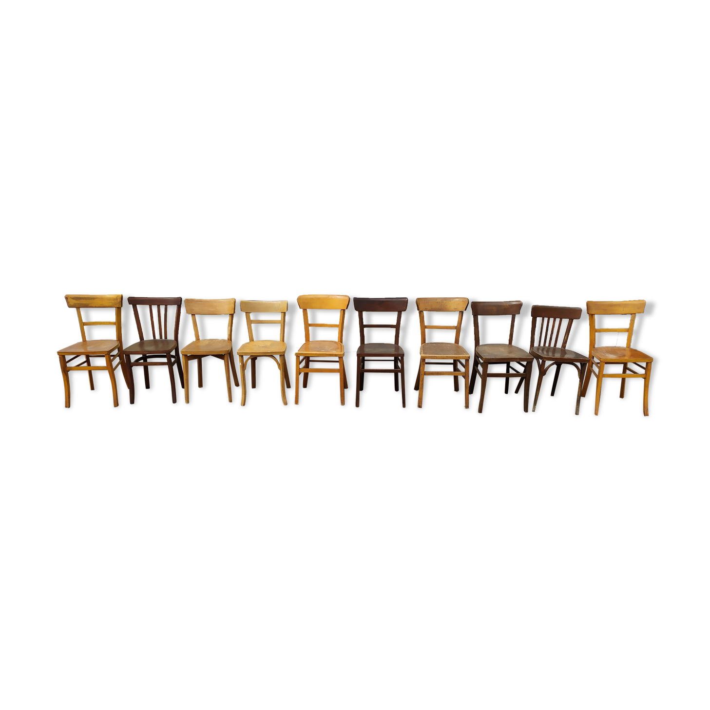 Set of 10 wooden bar bistro chairs - old - vintage