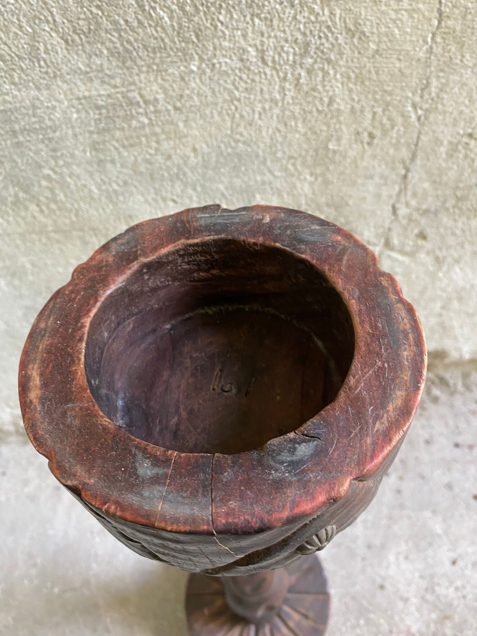 Rustic ashtray carved wood on vintage stand