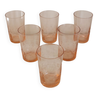 6 Art Deco engraved glasses in pink, Val St Lambert