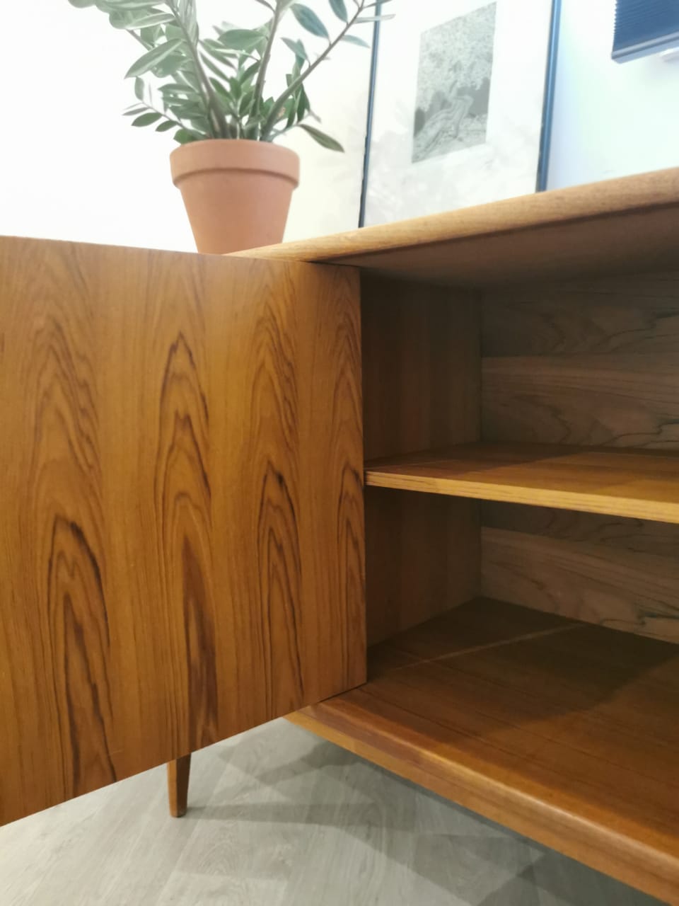 Scandinavian teak row 50s-60s, French manufacture signed Eros