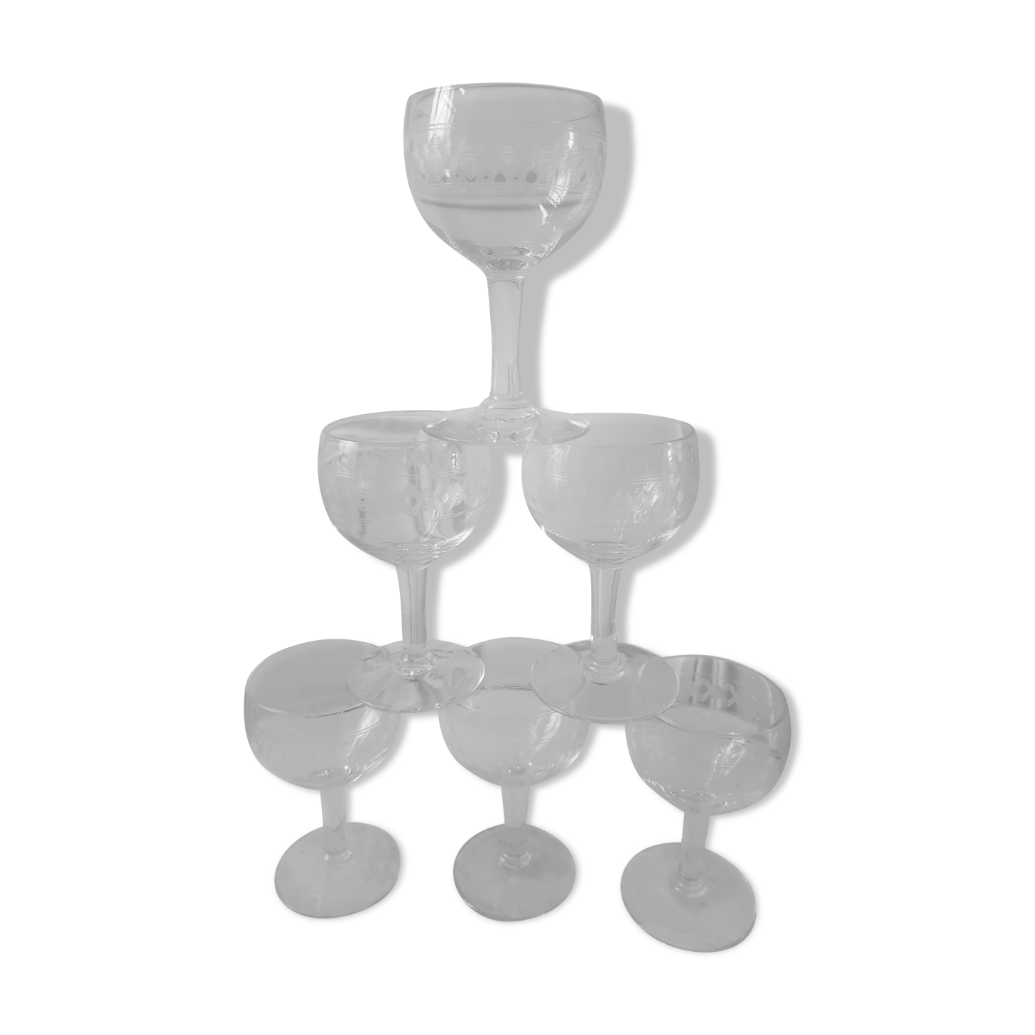 Set of 6 crystal wine glasses engraved 30s-40s