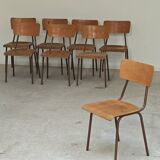 Set of 6 Czech school chairs in metal and wood, Kovona bistro style.