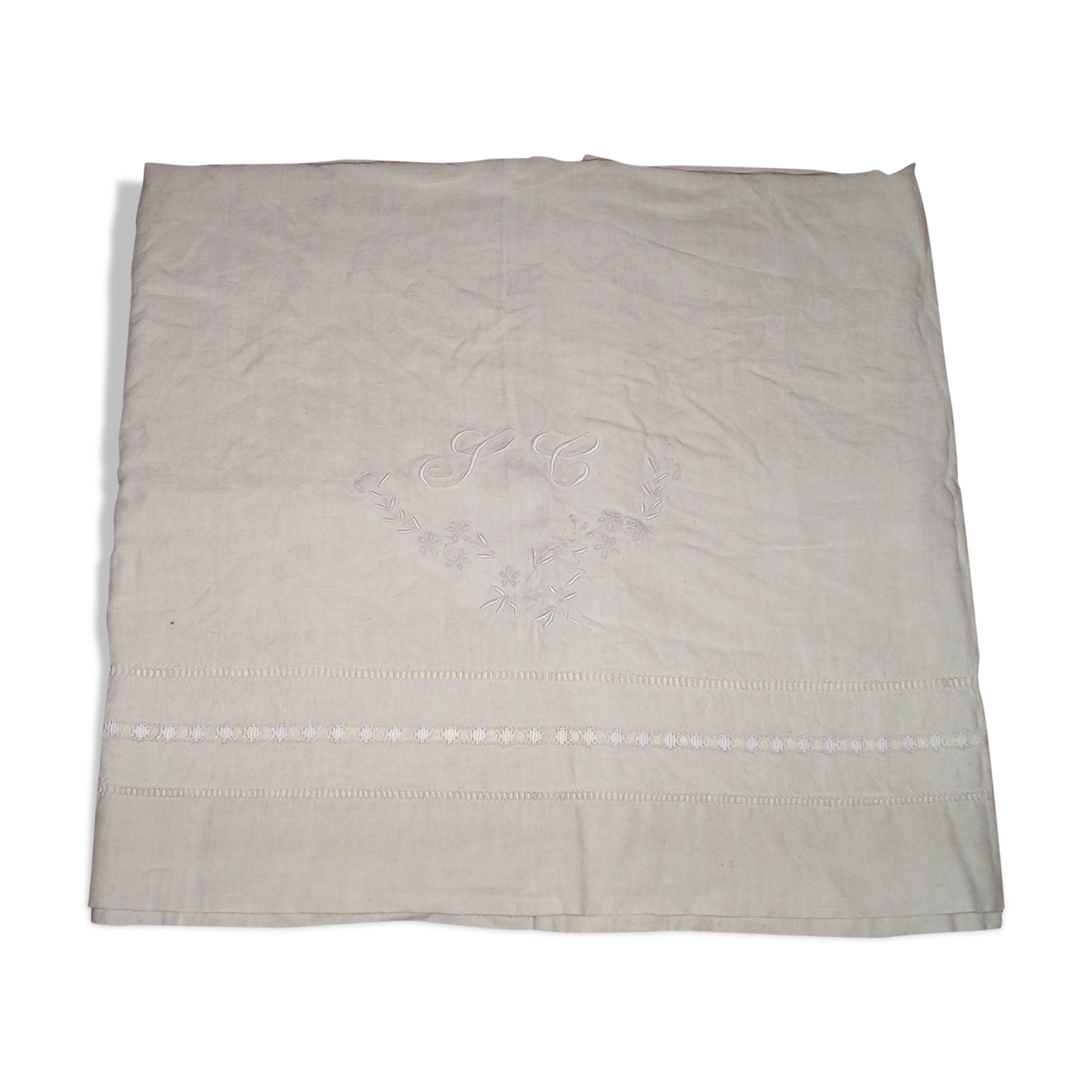 Drap ancien en lin ou métis à 2 rangées de jours avec retours