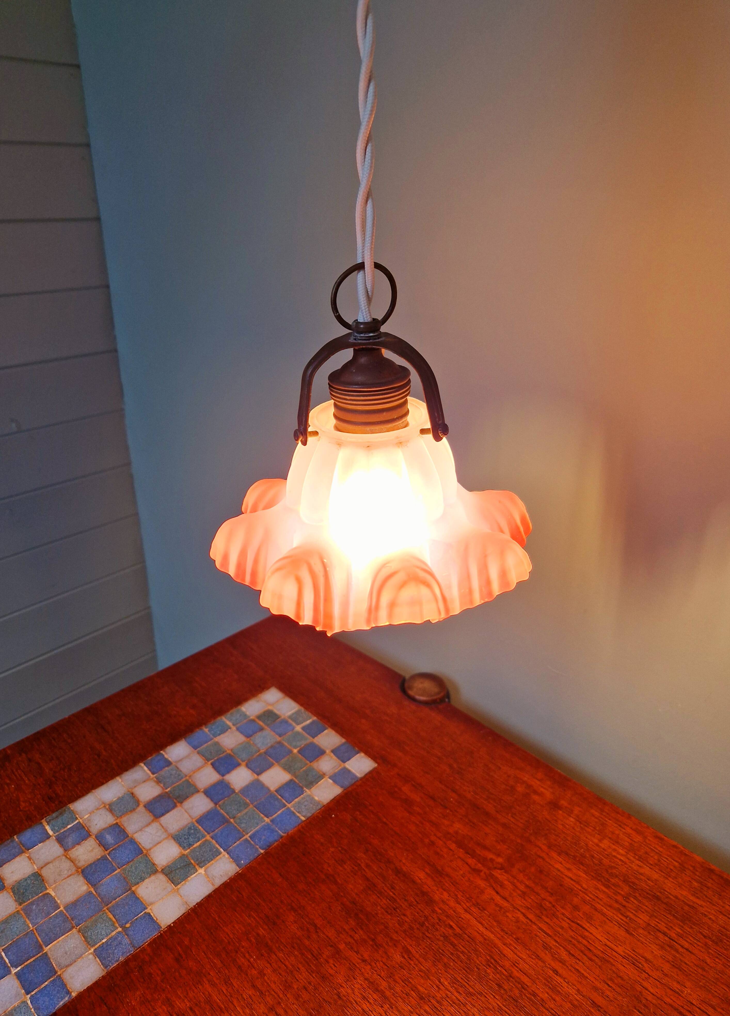 Scalloped pink satin glass pendant/lamp, 1920s-30s