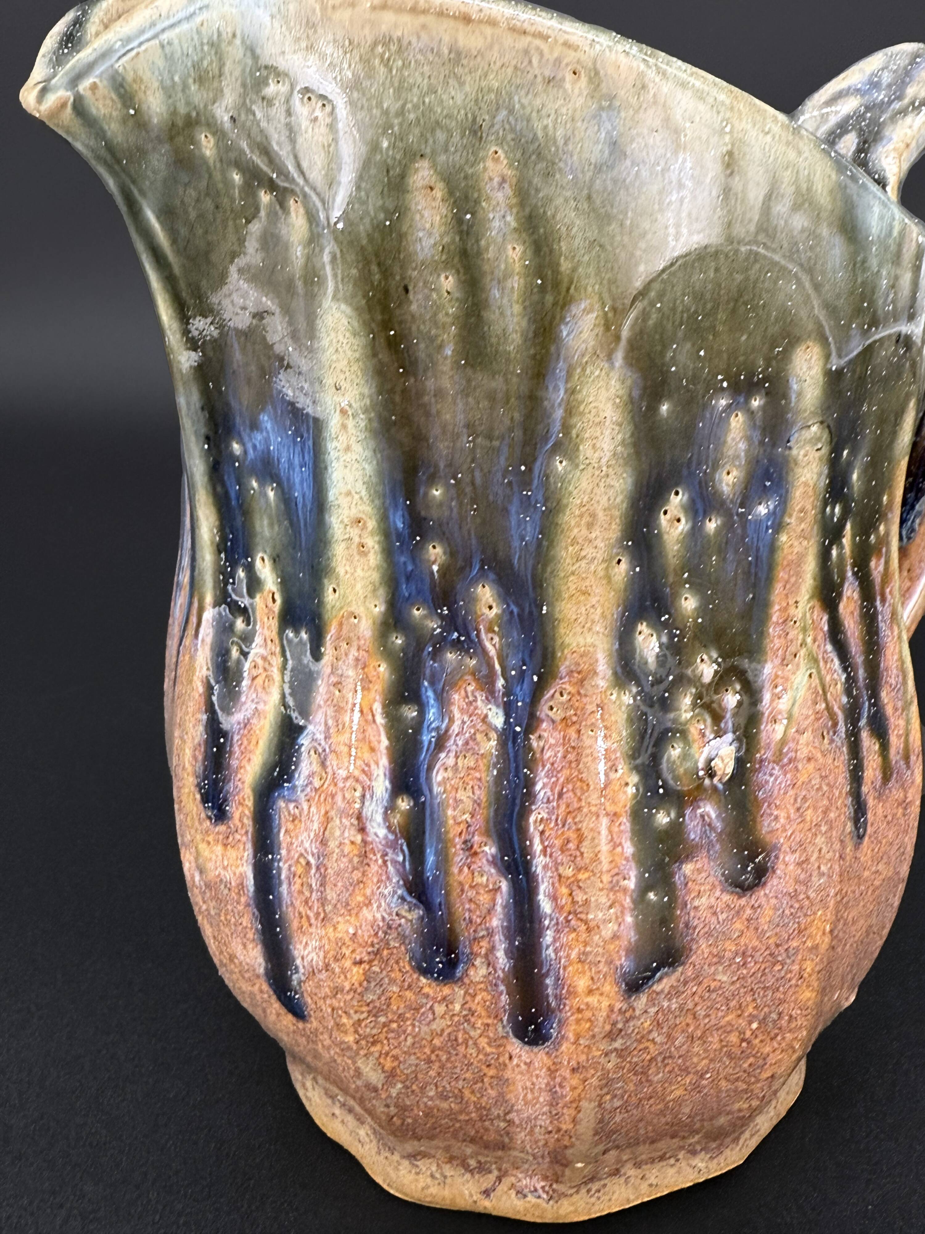 70s glazed stoneware pitcher – signed, French ceramic