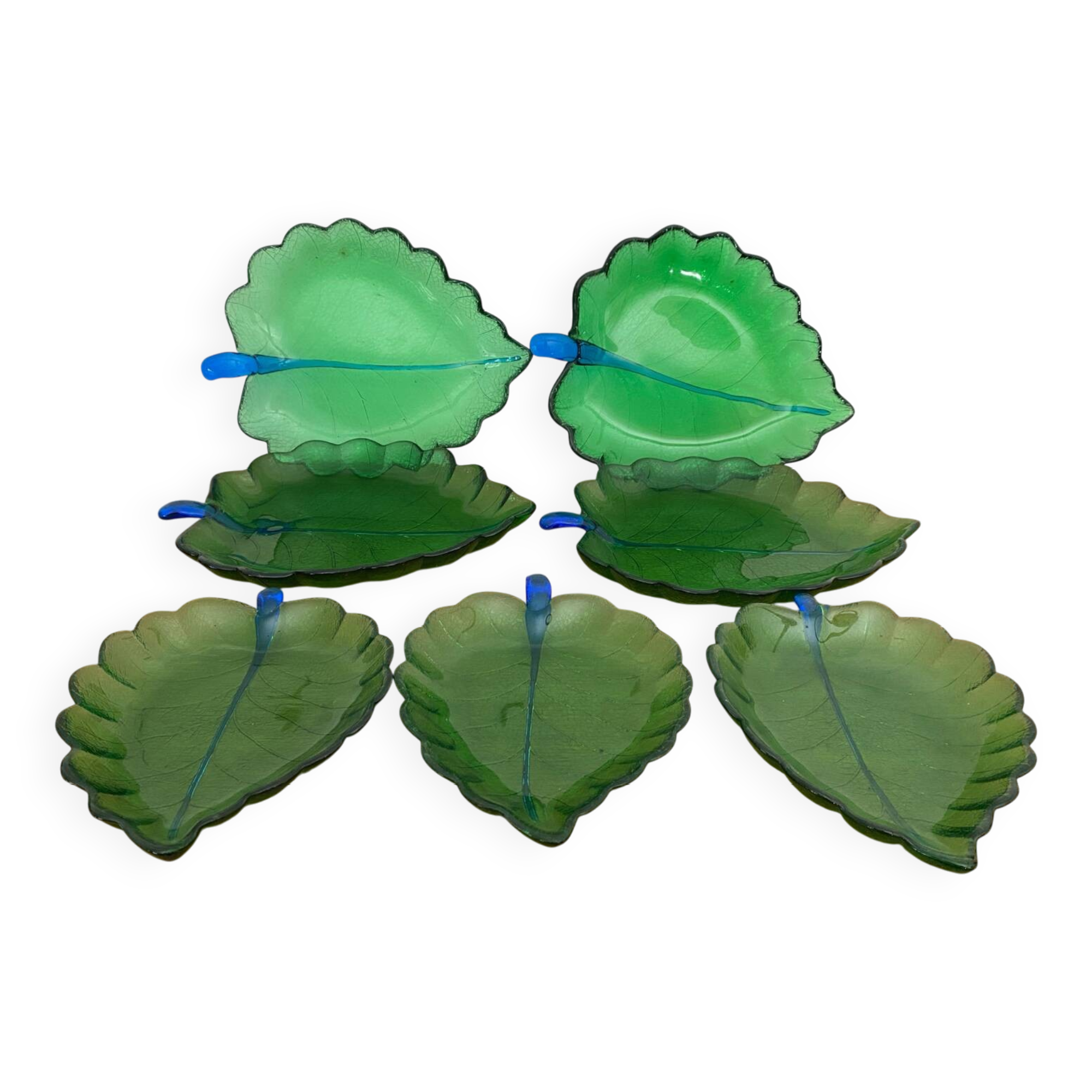 Set of 7 Vintage Green Leaf Shape Blown Glass Coupe Plates #C053