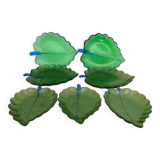 Set of 7 Vintage Green Leaf Shape Blown Glass Coupe Plates #C053
