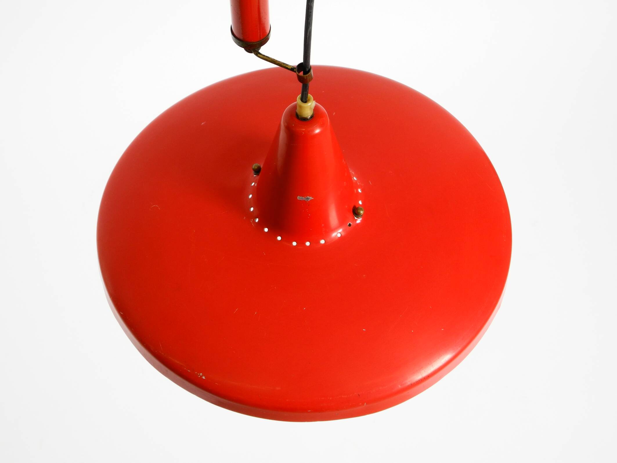 Mid-Century Modern red aluminum pendant lamp, height adjustable, Italy