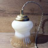 Vanilla caramel ruffled tulip portable lamp, linen cord