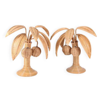 Paire de lampes palmier-cocotier en rotin