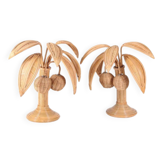 Pair of rattan coconut palm lamps