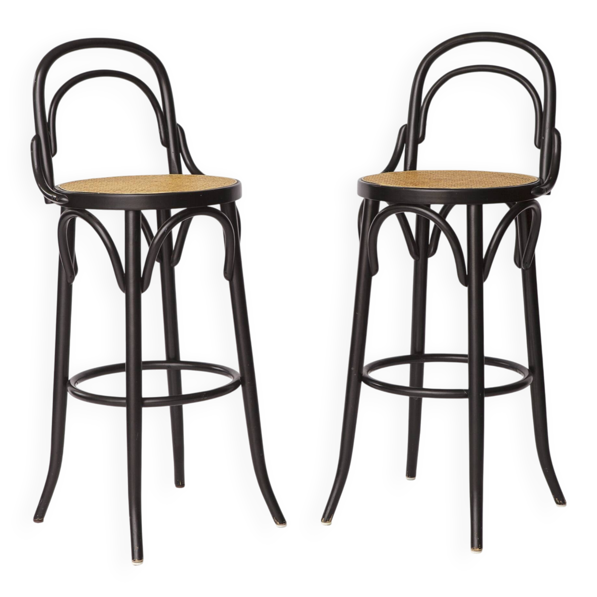 Pair of Bentwood Bar Stools with Vienna Cane Seats – Thonet Style, Black