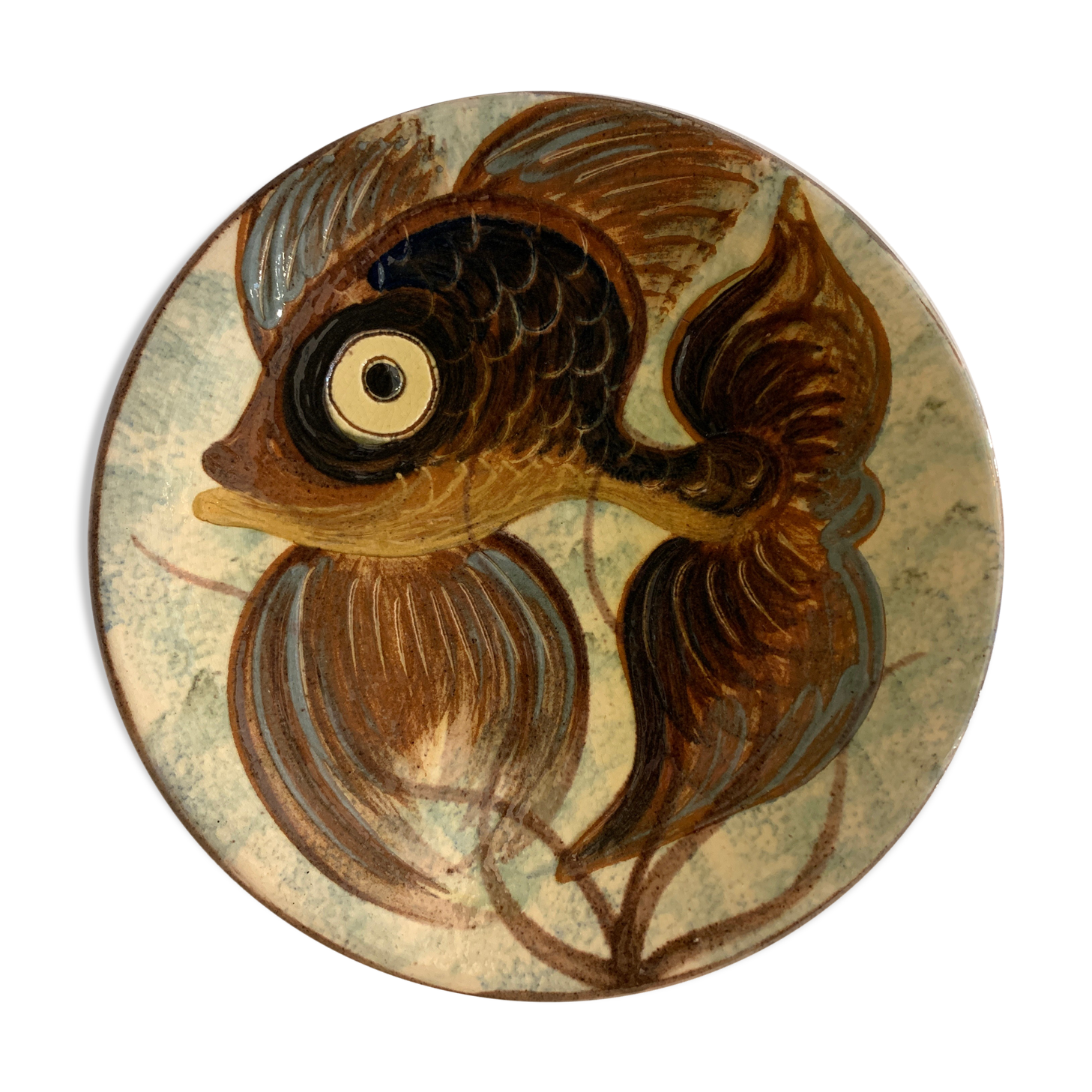 Glazed ceramic dish Puigdemont poisson, 1960