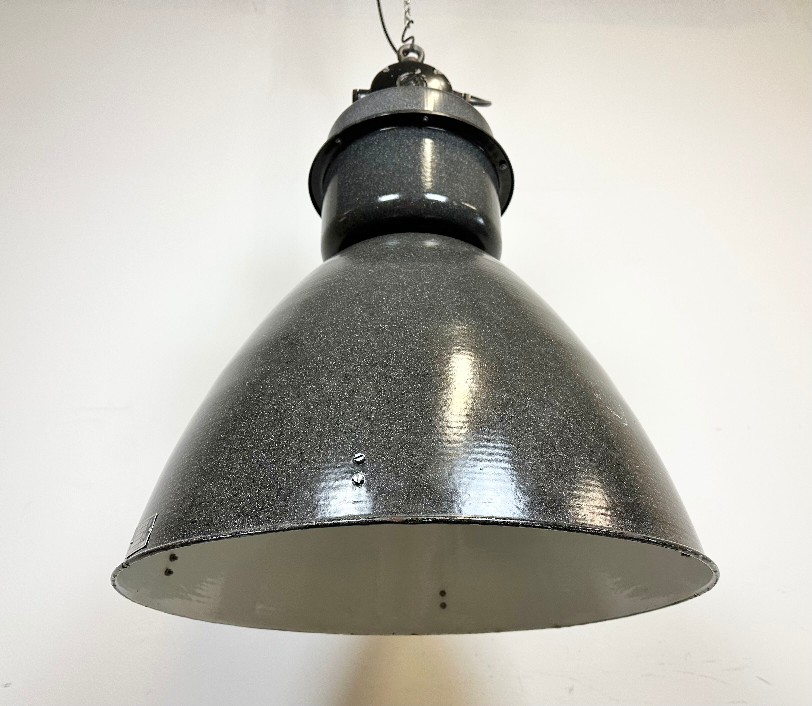 Dark grey enamel industrial factory lamp from elektrosvit, 1960s