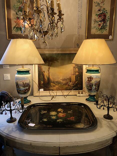 Large pair of 19th century polychrome porcelain vases decorated with landscapes, mounted as lamps