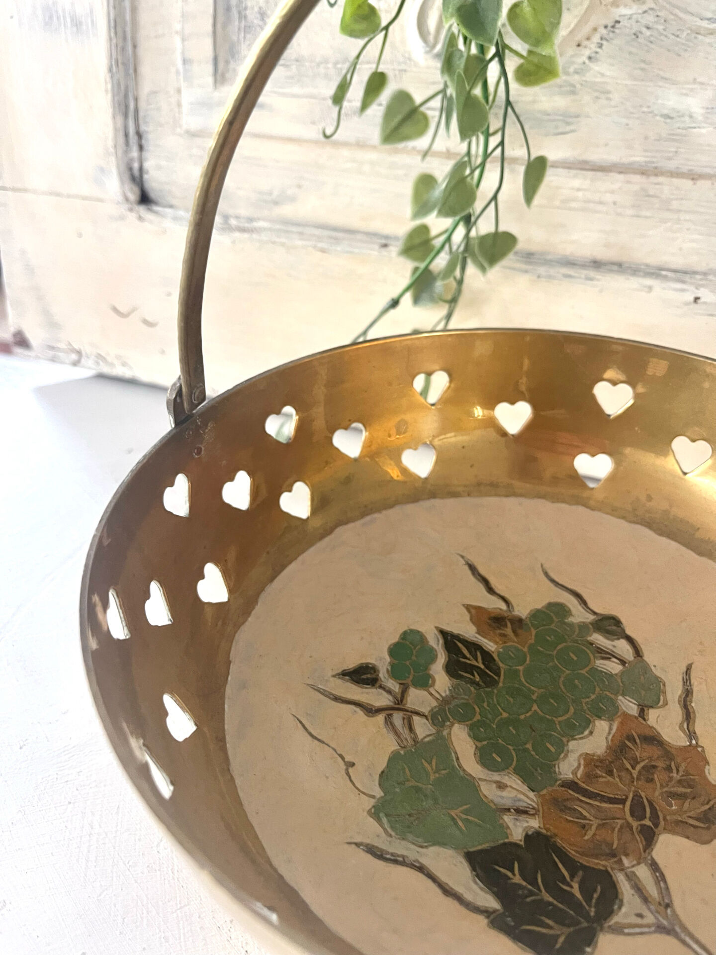 Brass cloisonne basket with handle – mid century circa 1950s art deco