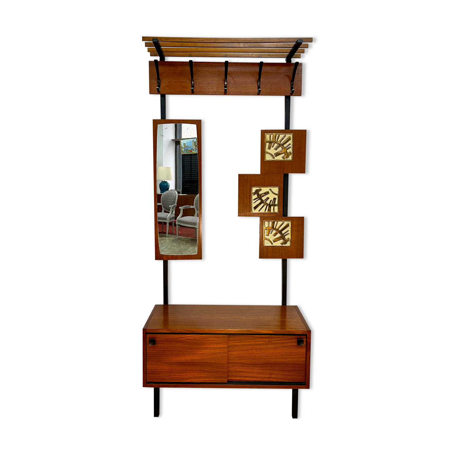 Vintage teak coat holder with teak veneer