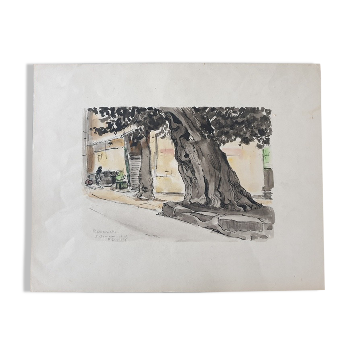 André Duculty (1912-1990) Watercolor on paper "Place de l'ormeau à Ramatuelle" Signed below