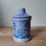 Nutmeg spice pot in vintage blue ceramic vegetable pattern stamped sipa France advertising