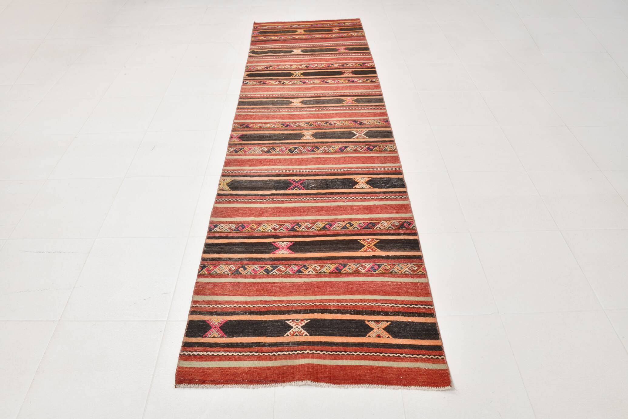 3x10 Red & Black Striped Kilim Runner Rug, 90x309Cm