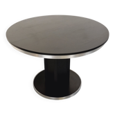 Table ronde de repas vintage en mélaminé esprit bois noir et métal chromé