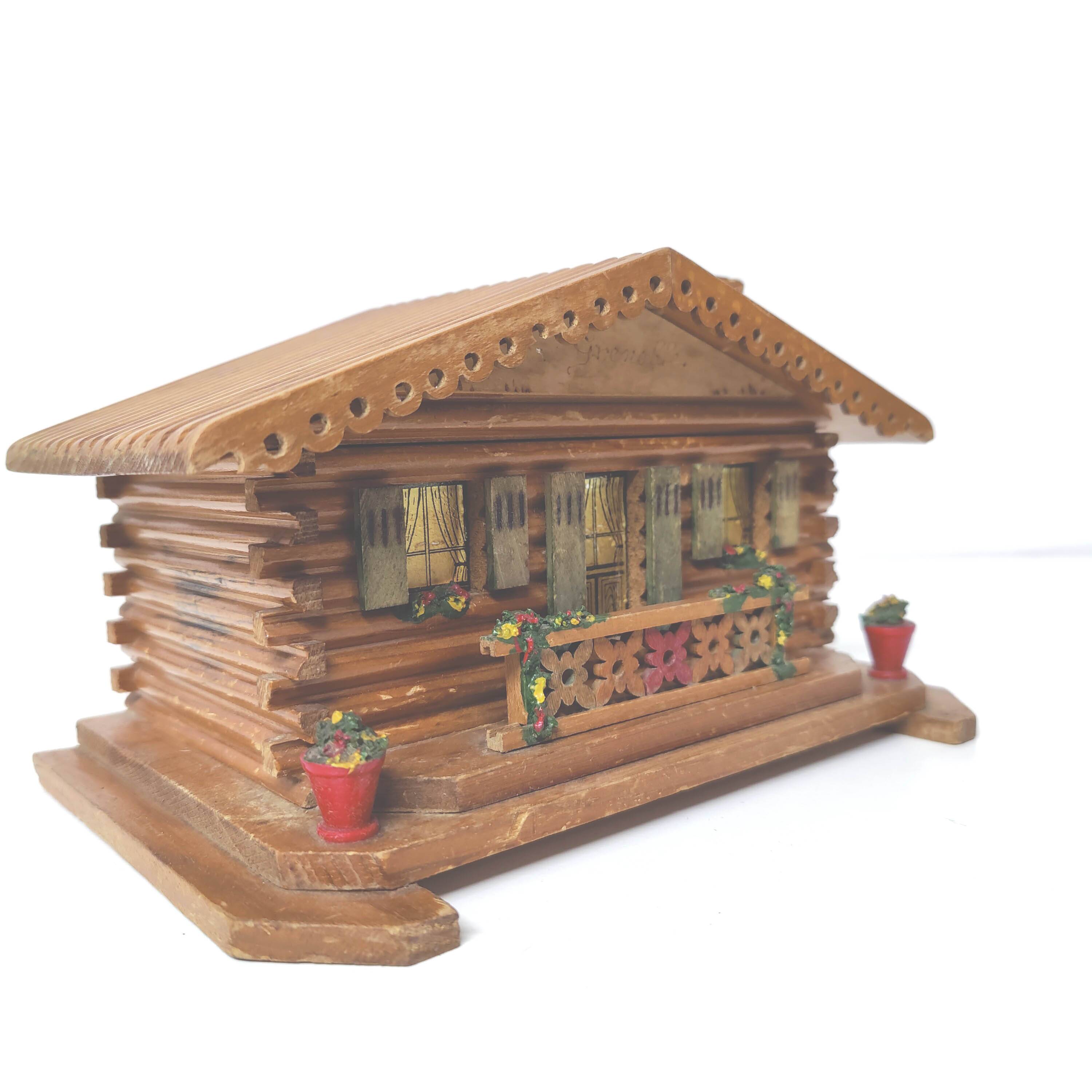 Wooden chalet box, jewelry box, pencils