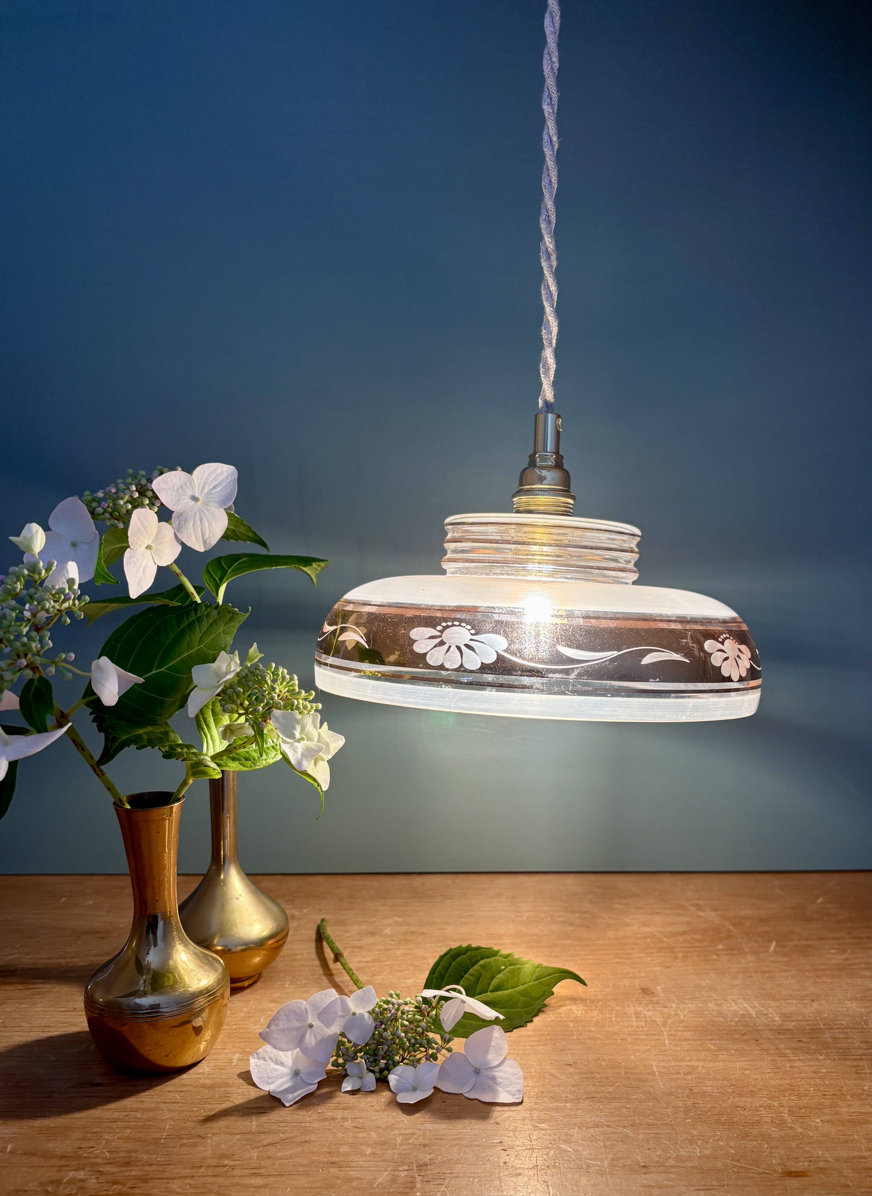 Vintage frosted glass pendant lampshade with gold frieze