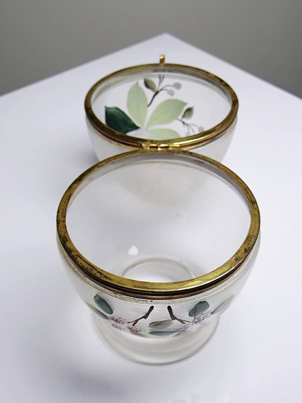 Antique 19th-20th century frosted enamelled glass and brass egg box