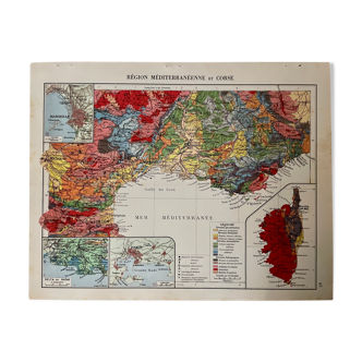 Old map of Corsica and the Mediterranean from 1951
