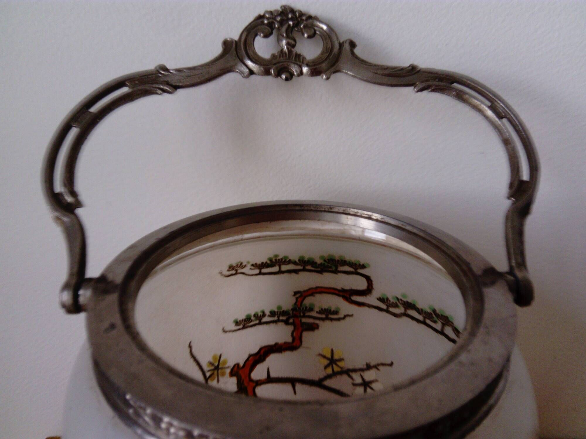 frosted glass cookie bucket with Japanese decoration. Art Nouveau