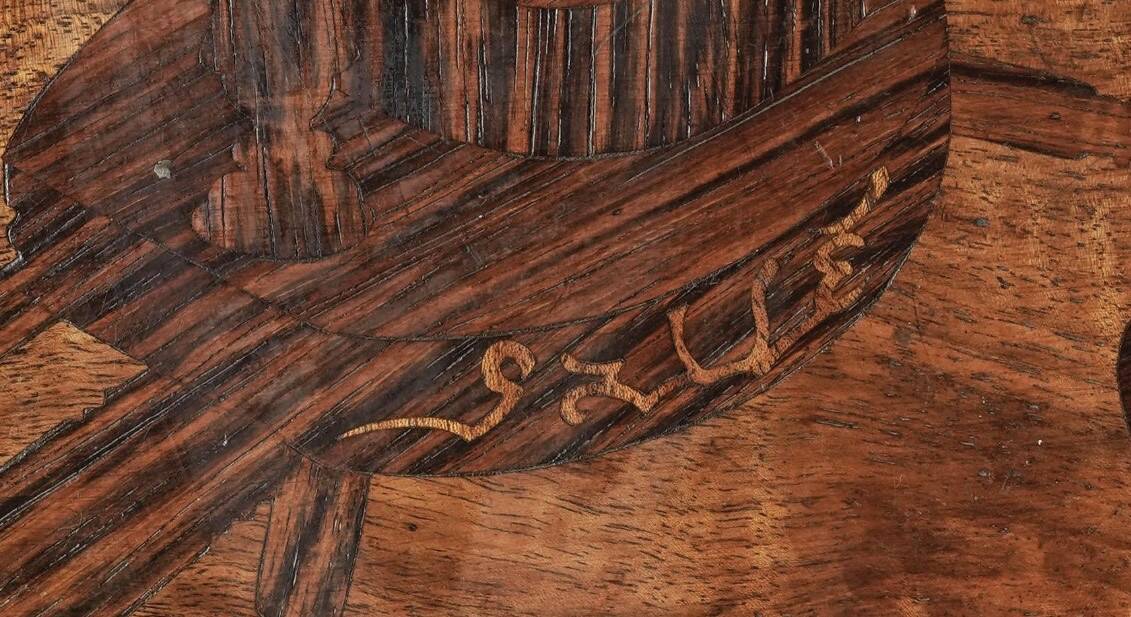 Emile Gallé marquetry table, "L'heureux temps", circa 1902